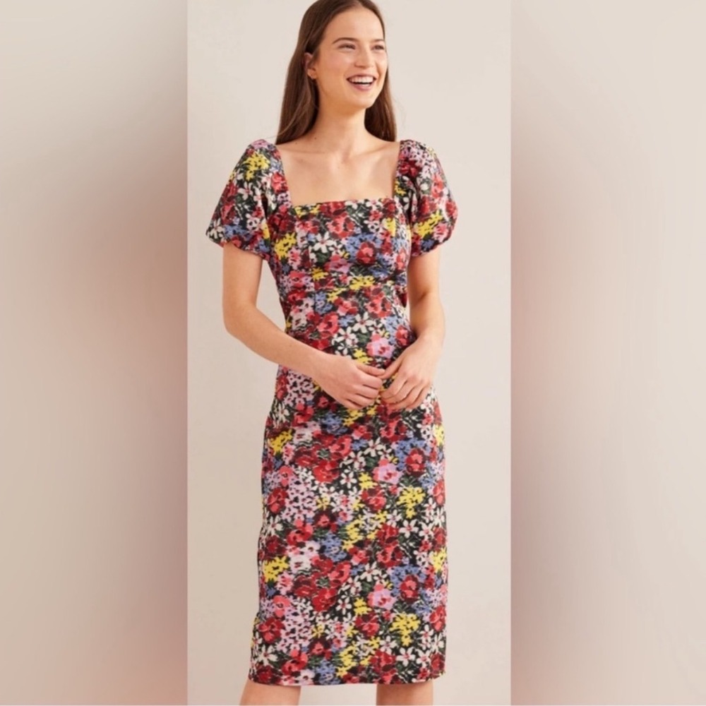 Boden Puff Sleeve Column Sheath Midi Dress‎ Red Multi Bloom US8R